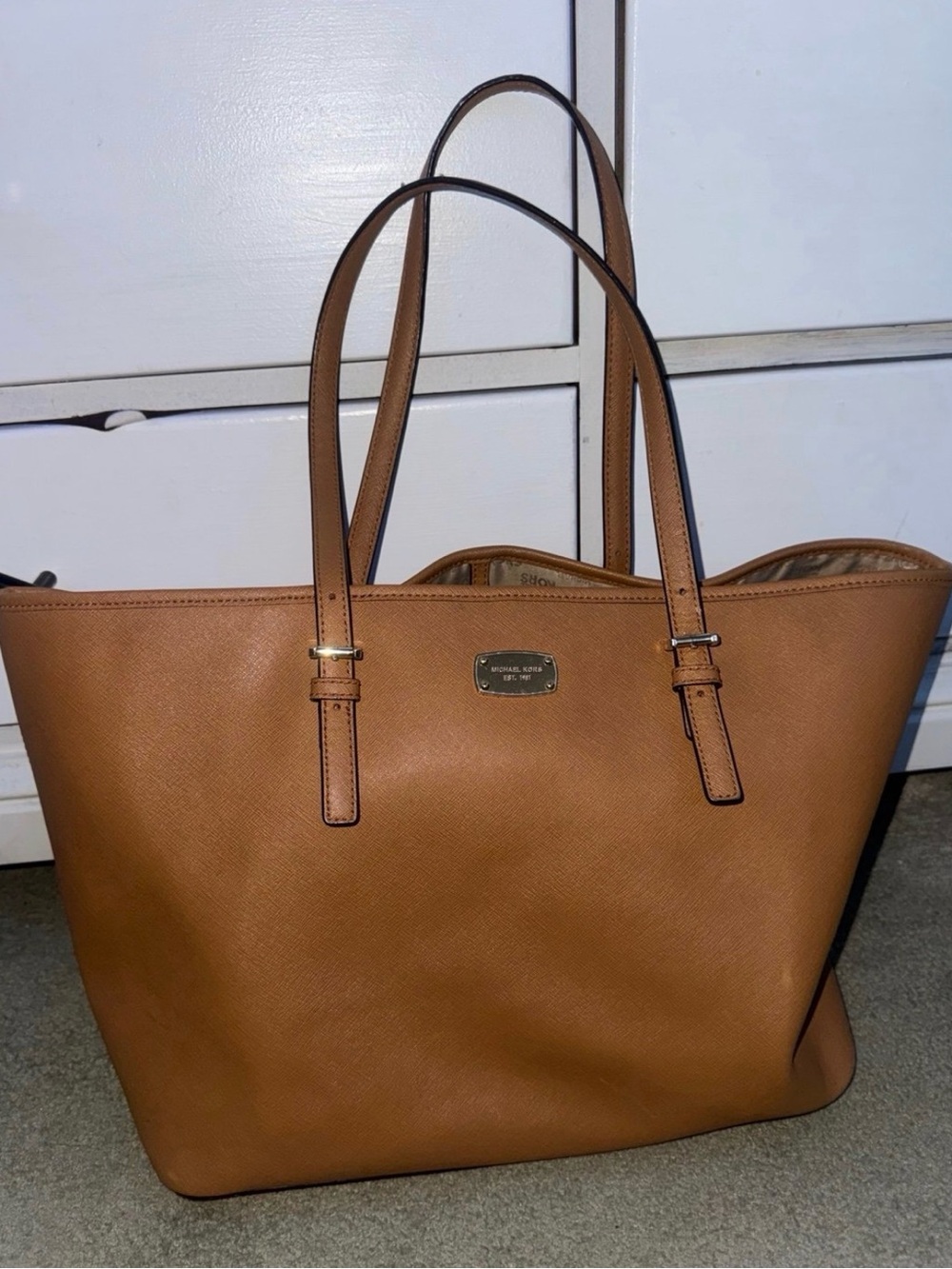 Michael Kors Cognac Leather Tote with Gold Plaque
